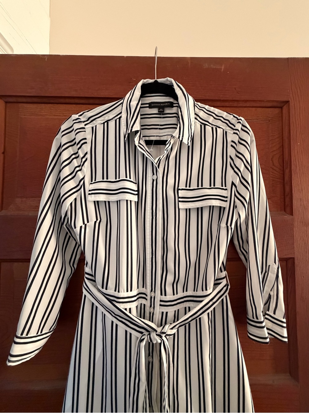 Banana Republic White and Black Vertical Stripe Maxi Shirt Dress